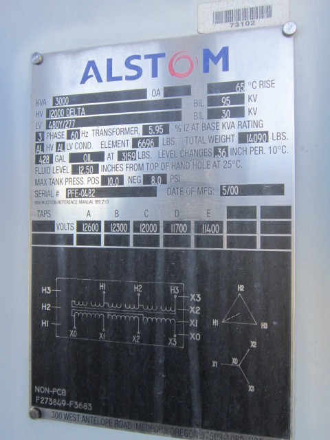 3000 KVA 12000 Delta Primary, 480Y/277 Secondary, Alstom - Image 1
