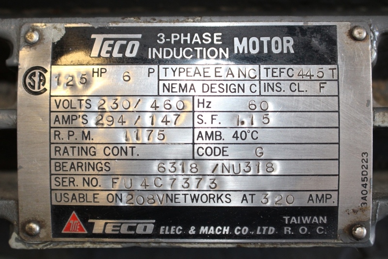125 HP 1175 RPM Teco, Frame 445T, TEFC, 12 lead, 230/460 Volts - Image 4