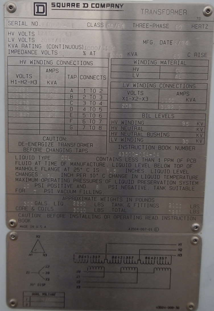 1000/1150 KVA 12470 Delta Primary, 208Y/120 Secondary, Square D - Image 1