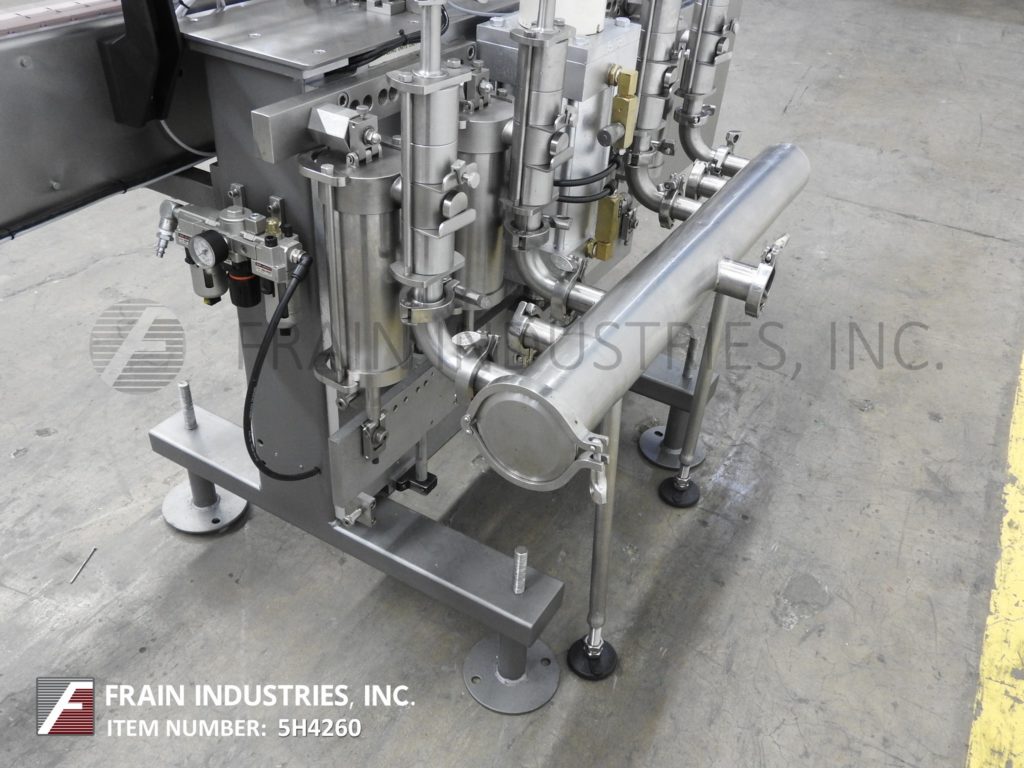 Filamatic #V-LA, 4 head inline piston filler, 12-60 bottles per minute, with 3-1/4" wide x 96" long Delrin - Image 1