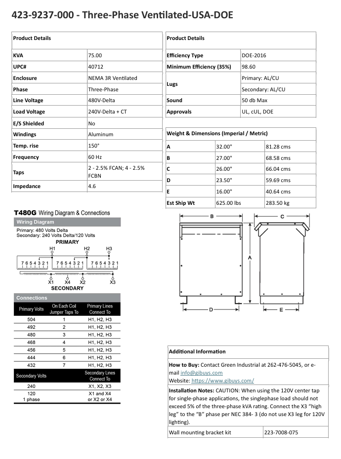 75 KVA 480 Delta Primary, 240 Delta Secondary, Jefferson, CT120,factory new,Nema 3R,free ship - Image 6