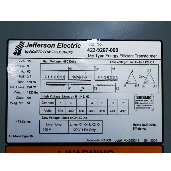 150 KVA 480 Delta Pri. 240 Delta Sec., CT120, factory new, Nema 3R, in stock, free shipping - Image 6