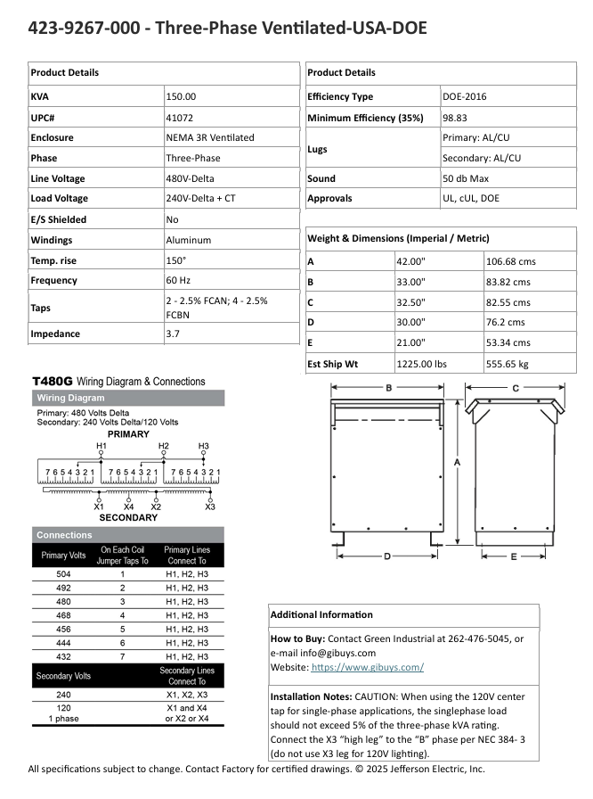 150 KVA 480 Delta Pri. 240 Delta Sec., CT120, factory new, Nema 3R, in stock, free shipping - Image 10