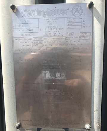 7500/9375 kVA, 34500 Delta Primary, 4160/2400 WYE Secondary, Westinghouse Substation - Image 2