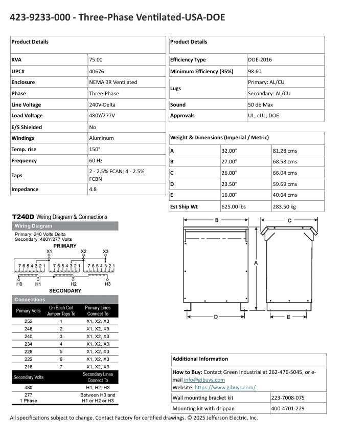 75 KVA 240 Delta Primary, 480Y/277 Secondary, Step Up, Factory New, Nema 3R - Image 9