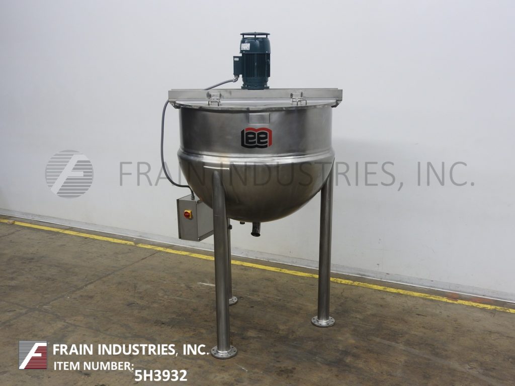 Lee #300D, 316 Stainless Steel jacketed kettle, 54" dia. x 36" deep, 90 psi, flip up covers, spherical bottom - Image 1