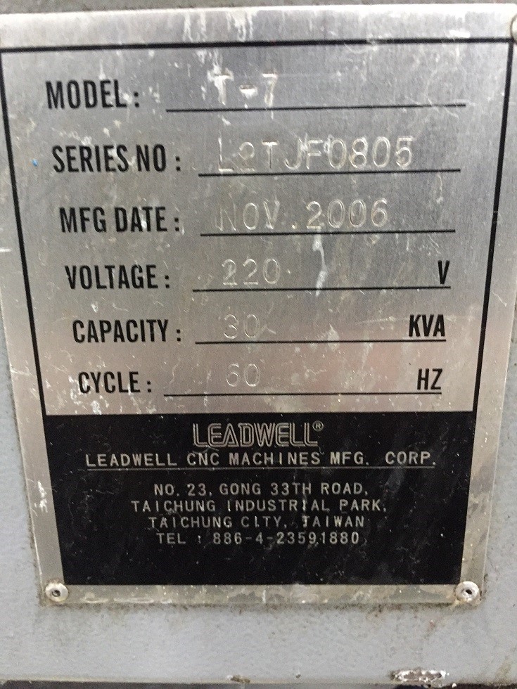 Leadwell #T7, 20.4" swing, 8" chuck, 2.5" bar, 2-Axis slant bed, Fanuc 0iT, tailstock, 2006, #15830J - Image 7