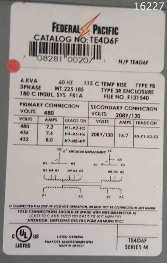6 KVA 480 Primary, 208Y/120 Secondary, Federal Pacific #TE4D6F, power transformer - Image 2