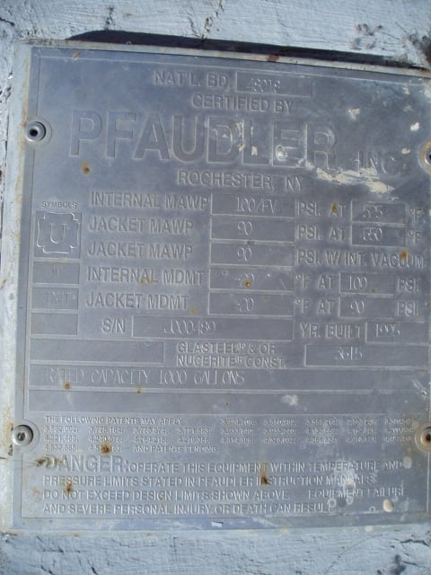 1000 gallon Pfaudler, reactor, G/L, 100 psi, jacketed, 60" dia. x 5' 8" straight side (5 available) - Image 8