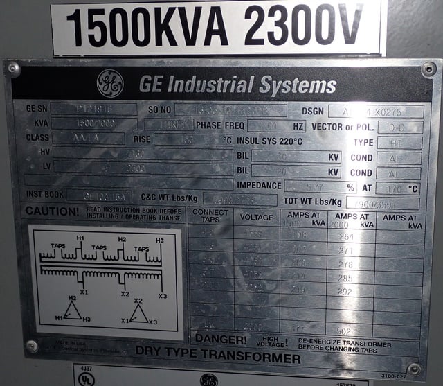 1500/2000 kVA, 4160 Delta Primary, 2300 Delta Secondary, General Electric Dry Type - Image 1