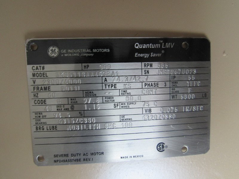 300 HP 900 RPM General Electric, Frame 5011L, TEFC, BB, new, 2300/4000 Volts - Image 1