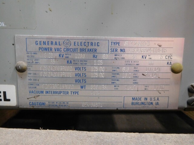 1200 Amps, General Electric, VB-7.2-500-3, Power Vac Circuit Breaker, 8.25 Kv, 125 VDC - Image 8