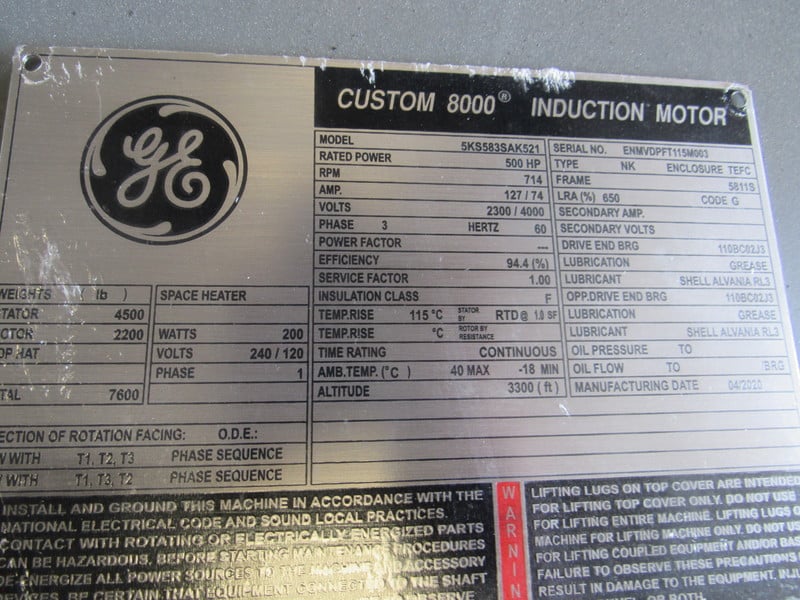 500 HP 720 RPM General Electric, Frame 5810S/5811S, TEFC, BB, new, 2300/4000 Volts (2 available) - Image 1