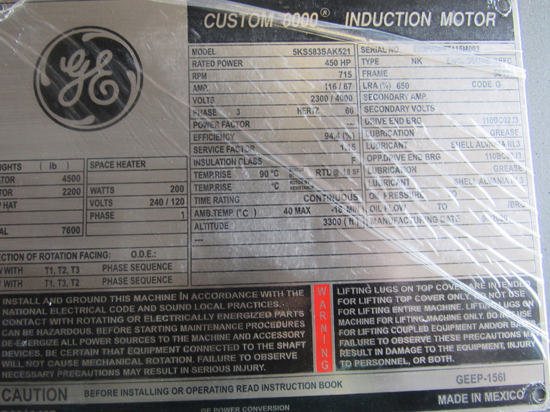 450 HP 720 RPM General Electric, Frame 5810S/5811S, TEFC, BB, new, 2300/4000 Volts (2 available) - Image 1