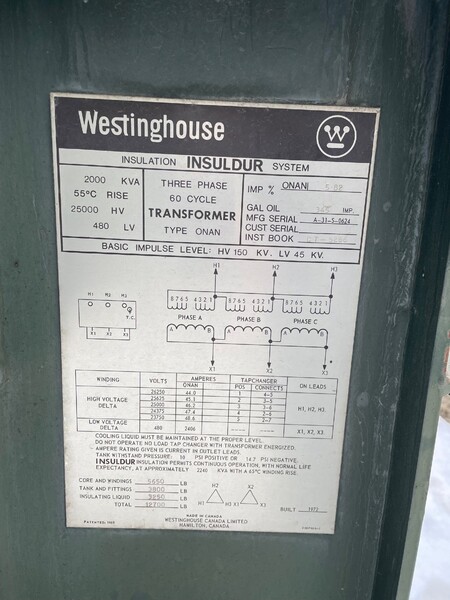 2000 KVA 25000 Delta Primary, 480 Delta Secondary, Substation, (2) 2.5% A+BN taps, 5.82% imp - Image 1