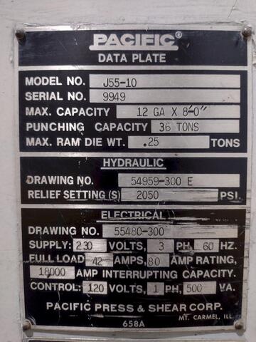 55 Ton, Pacific #J55-10, 10' overall, hydraulic press brake, #10653 - Image 2