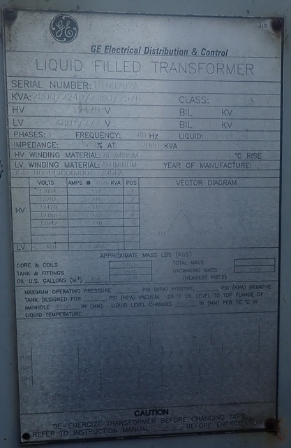 2000/2240/2300/2516 kVA, 12470 Delta Primary, 480/277 WYE Secondary, General Electric Substation - Image 1
