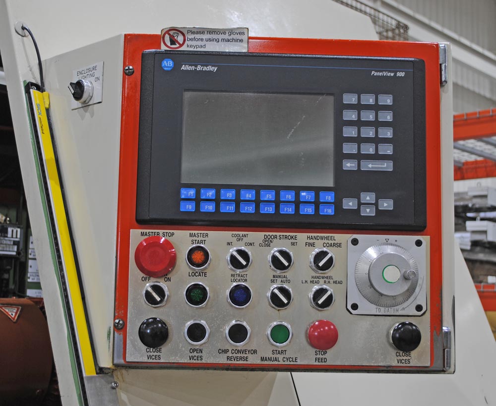 8" x 27" Hey #3, CNC facing & centering machine, 2-air vises, chip conveyor, AB Control, 1999 - Image 6