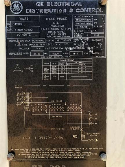 15000/16800/20000/22400 kVA, 34500 Delta Primary, 4160/2402 WYE Secondary, General Electric Substation - Image 1