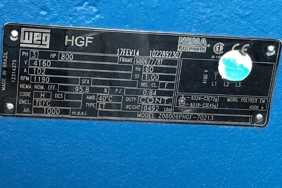 800 HP 1200 RPM Weg, Frame 6806/7/8T, TEFC, BB, 1.0 service factor, new surp, 4160 Volts - Image 1