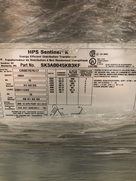 45 KVA 480 Primary, 208Y/120 Secondary, HPS Sentinel K, SK3A0045KB3KF, dry, 10 Bil., new - Image 3