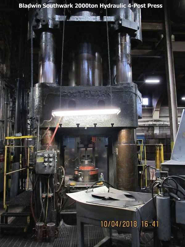 2000 Ton, Baldwin hydraulic forge 4-post press, 60" stroke, 120" daylight, 52" x50" bed - Image 1