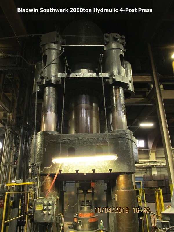2000 Ton, Baldwin hydraulic forge 4-post press, 60" stroke, 120" daylight, 52" x50" bed - Image 2