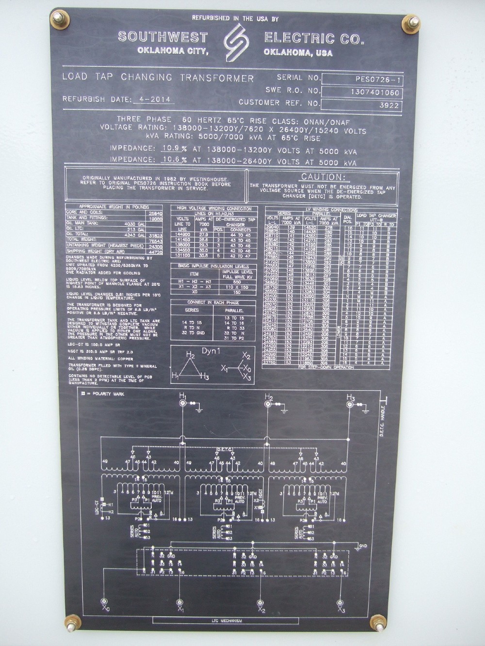 5000/7000 KVA 138000 Delta Primary, 13200Y/7620 x 26400Y/15240 Secondary, Southwest Electric Southwest, w/LTC - Image 1
