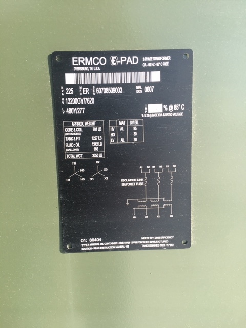 225 KVA 13200Y/7620 Primary, 480Y/277 Secondary, Ermco, DF, LF, bau, unused (4 available) - Image 1