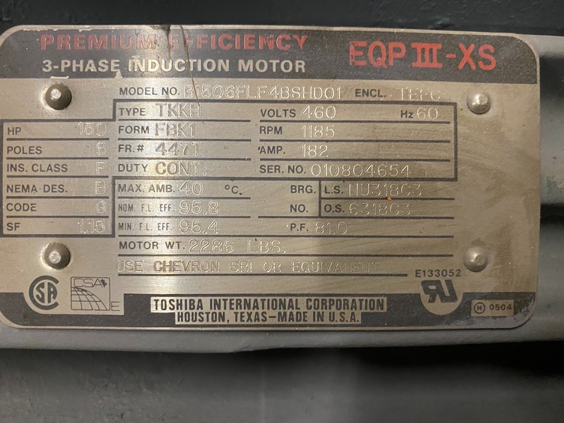 150 HP 1200 RPM Toshiba, Frame 447T, TEFC, b1506flf4bsh001, electrically ok, 460 Volts - Image 1