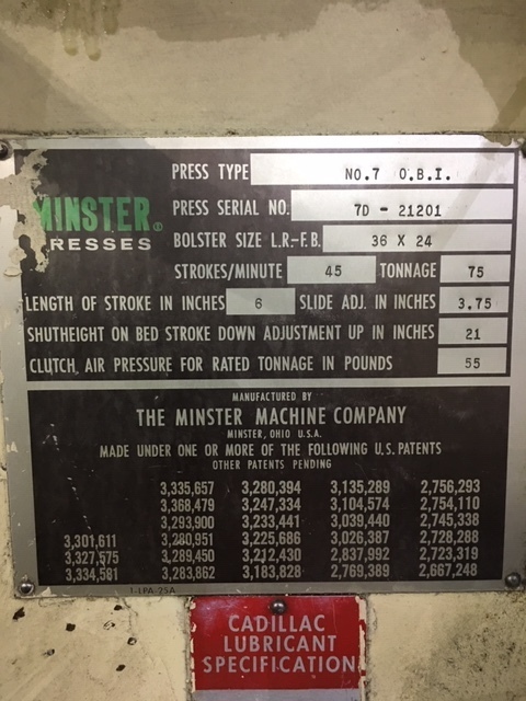 75 Ton, Minster #7, Die-Namic geared OBI press, 6" stroke, 21" Shut Height, 3.75" adj., Cieco PCI-100, air - Image 5