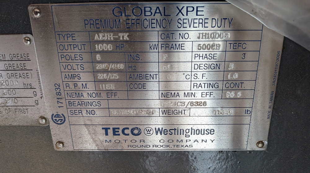 1000 HP 1200 RPM Teco, Frame 500CB, TEFC, BB, 1.15, JH10006, new, 2300/4160 Volts, (2 available) - Image 1