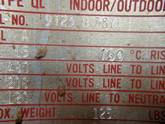 15 KVA 480 Primary, 208/120 Secondary, General Electric #9T23B3871 transformer - Image 2