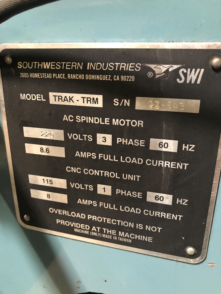 Southwestern Industries #Trak-TRM, 2-Axis CNC bed mill, 10" x50" table, 3 HP, 1995, #14143 - Image 6