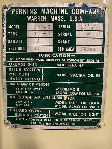 100 Ton, Perkins #S-100-48-34, straight side double crank press, 6" stroke, 14" Shut Height, 4" slide - Image 4