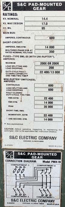 600 Amp, S & C, No. PMH-19, 15000 Volts, 17 KV MAX, PADMOUNT SWITCHGEAR - Image 2