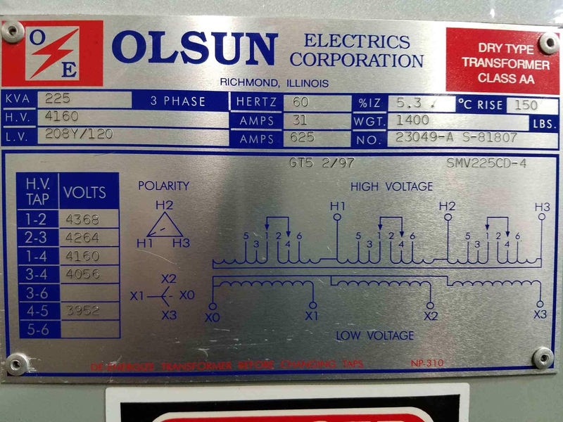 225 KVA 4160 Delta Primary, 208Y/120 Secondary, Olsun Electrics, dry, tested, Nema 2 - Image 2