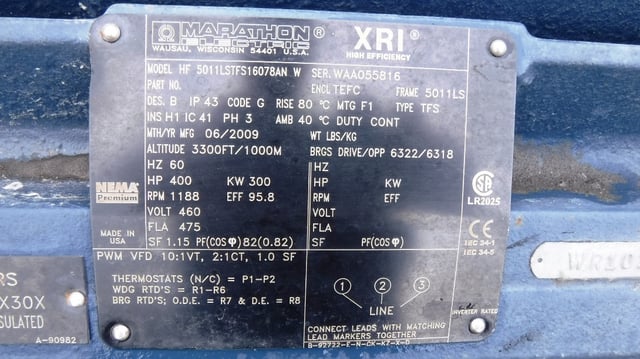 400 HP 1200 RPM Marathon, Frame 5011LS, TEFC BB, 460 Volts, New Surplus - Image 2