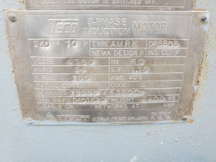 250 HP 700 RPM Teco, Frame DP5808, thrust bearing P base rblt, 4160 Volts - Image 7