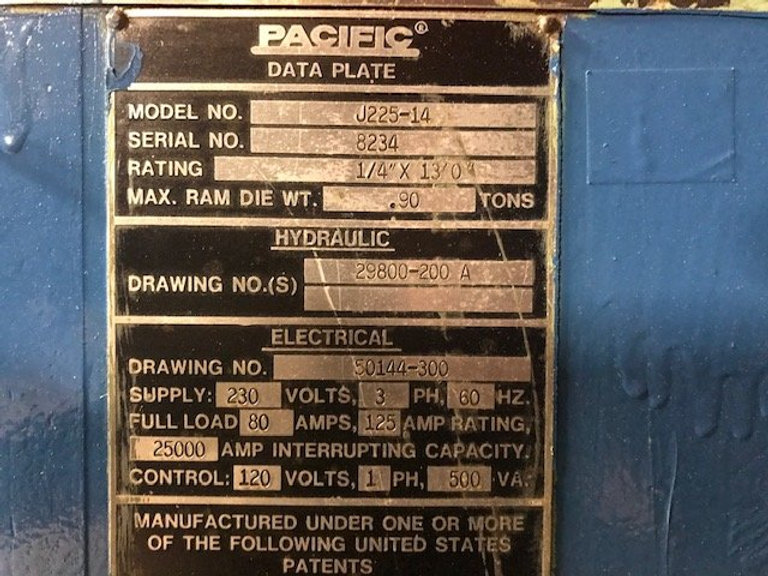 225 Ton, Pacific #J225-14, CNC hydraulic press brake, 14' overall, 149" between housing, 12" stroke - Image 3
