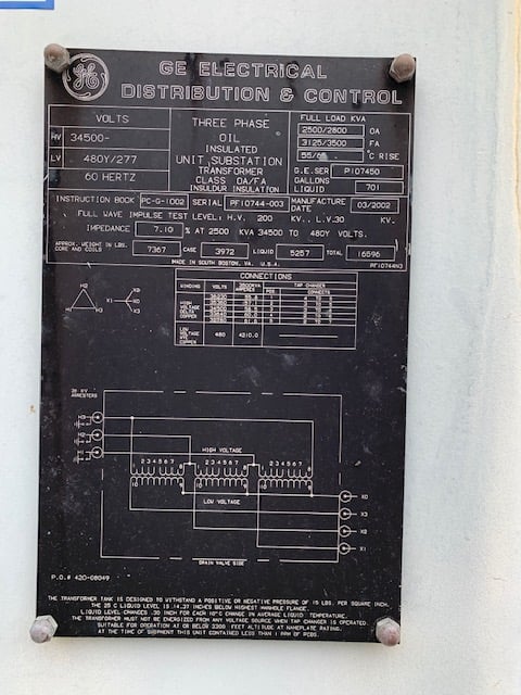 2500/2800/3125/3500 kVA, 34500 Delta Primary, 480/277 WYE Secondary, General Electric Substation - Image 1
