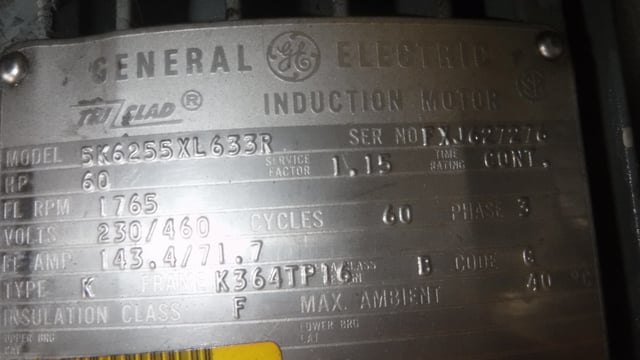 60 HP 1800 RPM General Electric, Frame K364TP16, TEFC BB, 230/460 Volts - Image 2