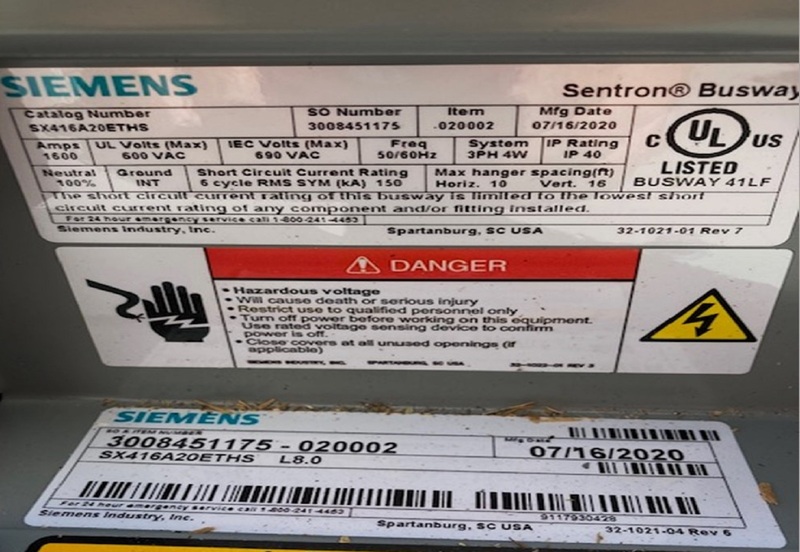 1600 Amps, Siemens, 600 VAC, 3 phase 4 w, IP40 new busway - Image 1