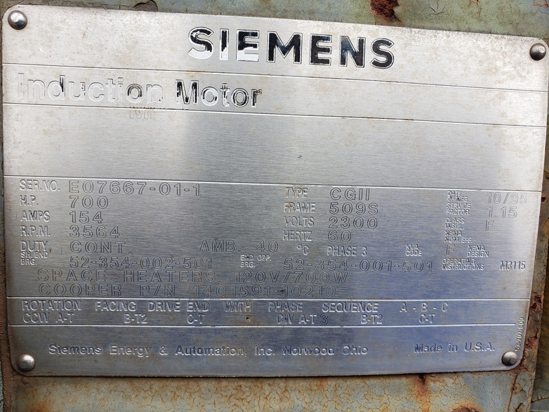 700 HP 3564 RPM Siemens, Frame 509S CGII2300V. (Joy TA28 cent.compressor) - Image 1