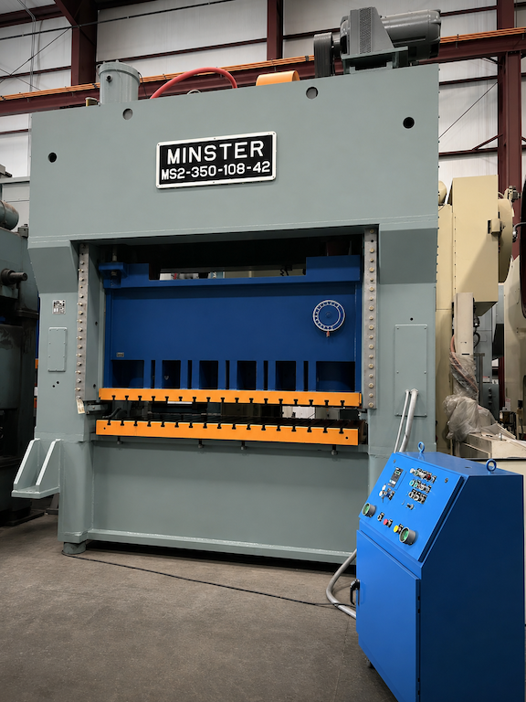 350 Ton, Minster #MS2, straight side double crank, 10" stroke, 27" Shut Height, 108x42" bed, hydraulic OL - Image 1
