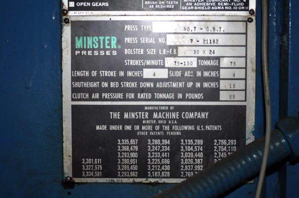 75 Ton, Minster #7, OBI press, 4" stroke, 15" Shut Height, 4" adj., 75-150 SPM, air clutch & brake, 1974 - Image 8