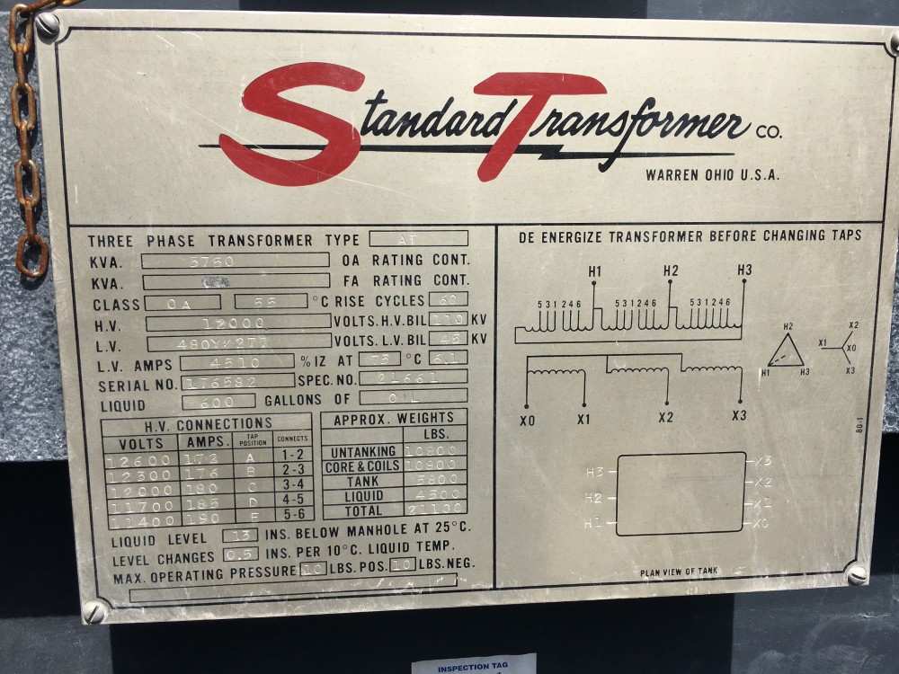 3750 KVA 12000 Delta Primary, 480Y/277 Secondary, Standard Transformer Co. - Image 1