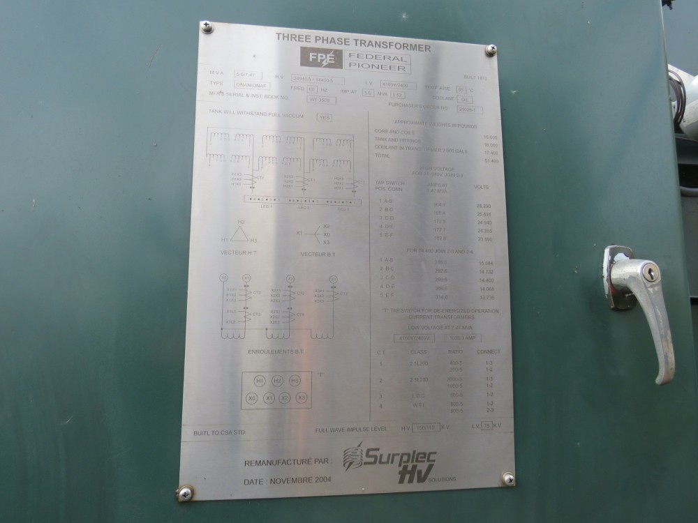 5600/7470 KVA 24940 Delta Primary, 4160Y Secondary, Substation, ONAN/ONAF - Image 1