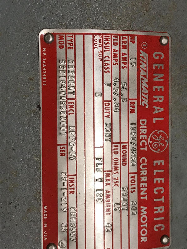 15 HP 1050/4250 RPM General Electric, Frame 328AT, DPFG-BV, surplus, 240 VA (5 available) - Image 2