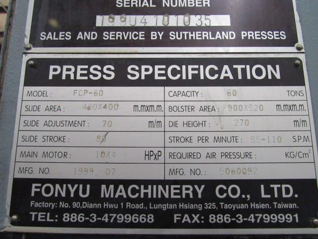 66 Ton, Sutherland #FCP-60OBS, gap frame press, 3.14" stroke, 10.63"Shut Height,air clutch, 1999 - Image 7